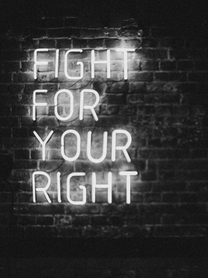 Monochrome neon sign on brick wall with slogan 'Fight for Your Right.' Perfect for motivation and urban themes.